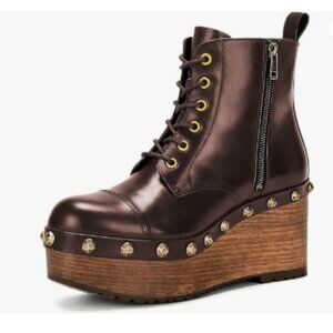 YDN Brown Studded Closed Toe Platform Lace Up Wedge Mid Heel Side Zip Ankle Boot